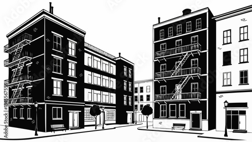 Black and White Illustration of City Buildings with Fire Escapes.