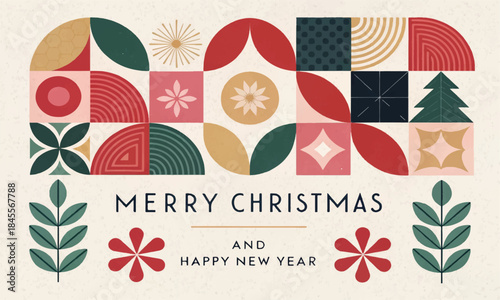 Mid-century modern Christmas greeting card with abstract geometric tiles, festive red green gold palette, Scandinavian folk art style, retro patterns, minimalist holiday illustration on textured.