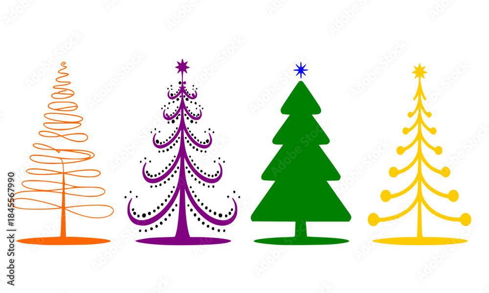 Obraz premium Four Stylized Christmas Trees in Diverse Artistic Styles, Abstract and Geometric Holiday Decoration Vector Set