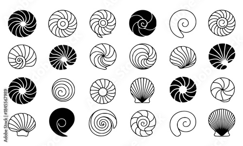 Seashell and Nautilus Shell Icons Set, Spiral and Swirl Geometric Line Art Black and White Vector Collection