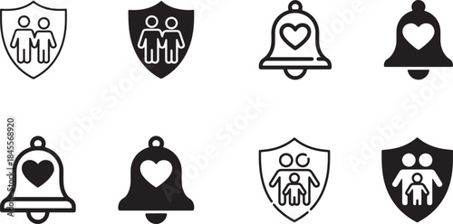 A comprehensive set of eight black outline and solid vector icons depicting family protection and heartshaped bell notifications for various digital designs