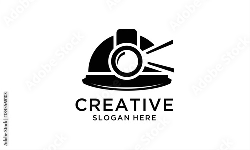 Creative hard hat with camera lens and light beam logo design.