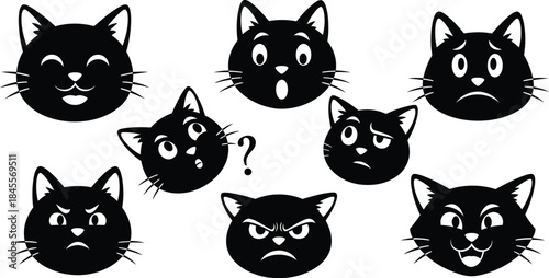 Eight black cat faces with various emotions on white background