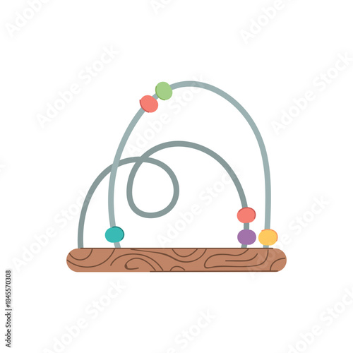 Wooden bead toy for finger play in a cute flat vector kids style. Simple shapes and soft colors, white background. Great for baby toys, sensory play, early learning, and nursery designs.