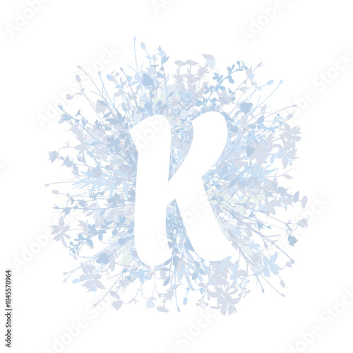 Easter, spring family floral monogram in pastel colors. White letter K on white background