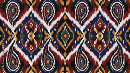 Intricate Ikat Fabric Pattern with Paisley Motifs.