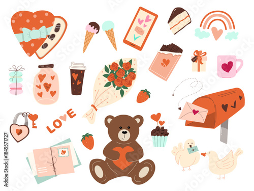 Collection of Valentine's Day elements. Heart-shaped chocolate box, teddy bear, roses bouquet, love letters, postbox, ice cream, and small romantic sighns