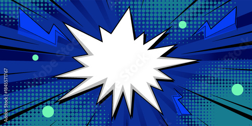 Cool comic book colorful page template in vibrant blue tones with pop art style elements, dynamic shapes, and bold graphic details. Perfect for posters, banners, covers, ads, presentations. Eps10