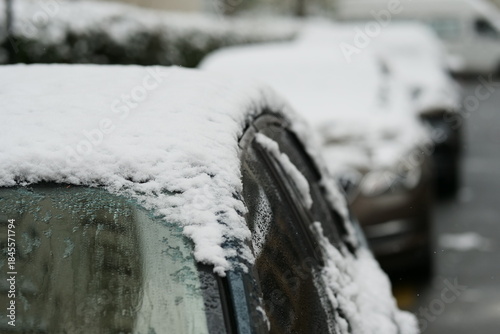 A close-up shot of a car heavily covered in fresh, wet snow on a winter day.