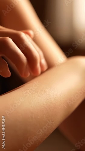 Wallpaper Mural Close-up skin care routine, gentle hand touches soft arm. Relaxing atmosphere emphasizes personal care and wellness. Vertical shot for beauty segment. Torontodigital.ca