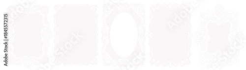 White whimsical lace frames or white borders. Oval and rectangle shapes with vintage elegance decorated with whimsy lines and squiggles. Top view covers for branding, scrapbooking and social media.