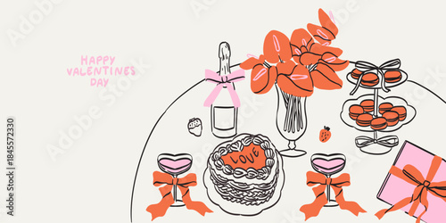 Save the date banner in sketch style. Hand drawn food illustrations on table. Romantic dinner on valentines day. Wine or champagne, dessert, heart shape cake drawings for wedding invitation or party.