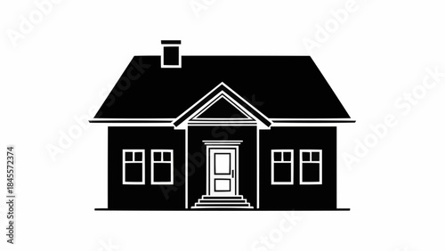 Simple Black Silhouette of a Classic House with Chimney and Windows.
