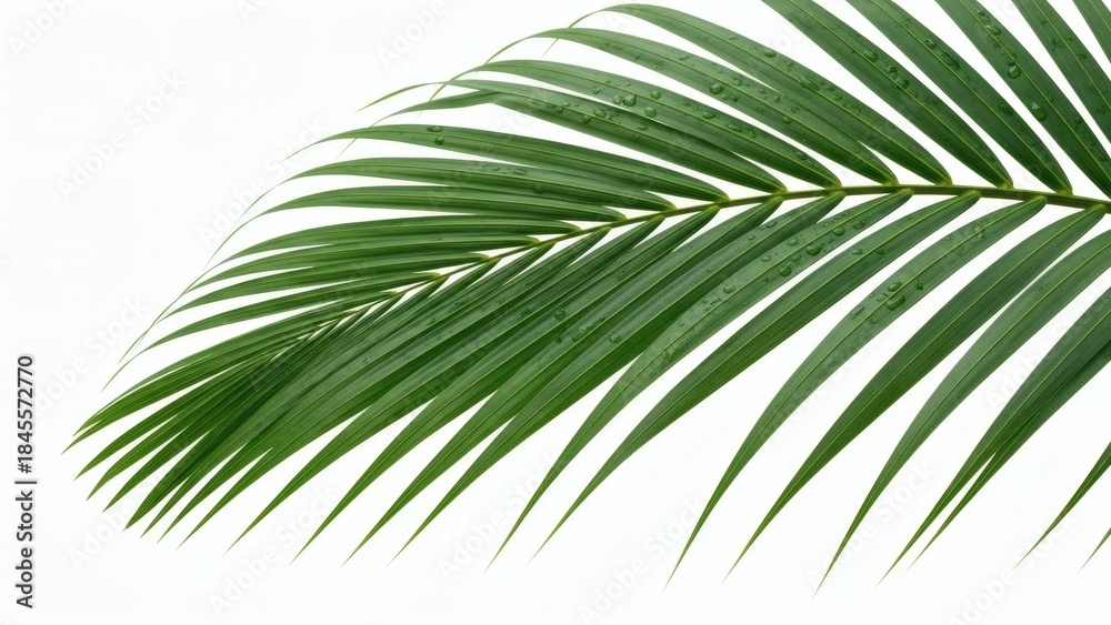 Fototapeta premium Emerald Palm Frond Tropical Greenery on White Fresh Botanical Detail.