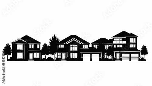 Row of Suburban Houses Silhouetted Against White Background.