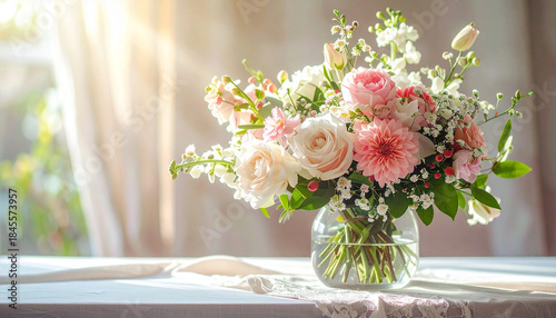 Lush floral bouquet of fresh blossoms on table, beautiful flowers, romantic atmosphere, 8 March.