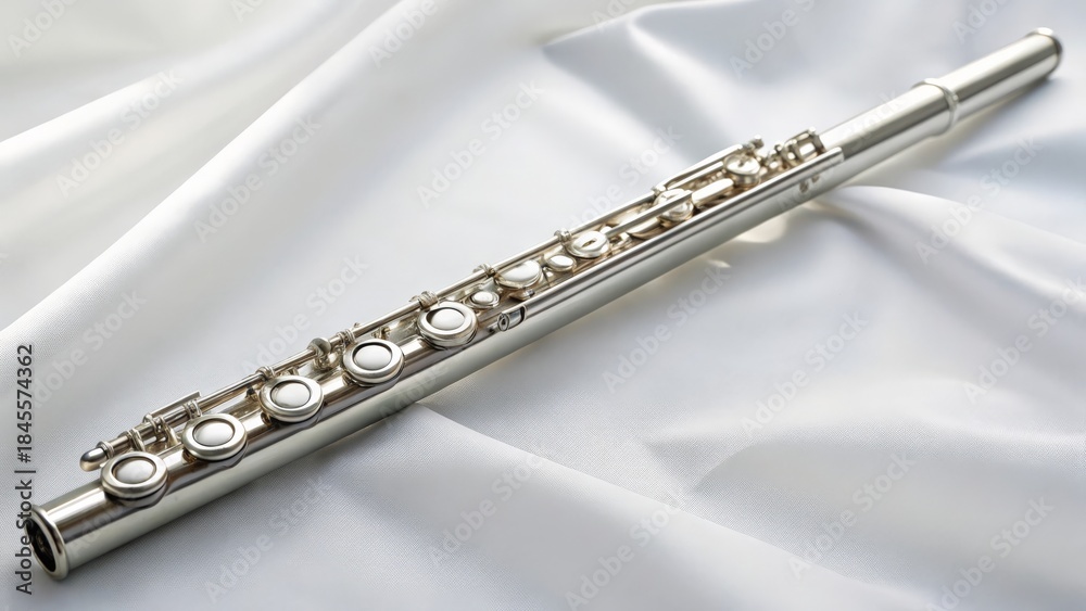 Fototapeta premium Polished Silver Flute Rests on White Fabric