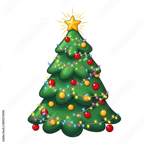 Decorative Christmas Tree with Colorful Lights and Ornaments in Bright Style