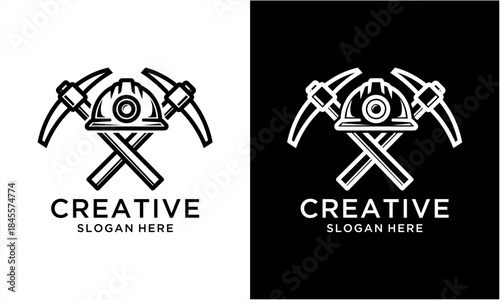 Mining industry logo with crossed pickaxes and hard hat design.