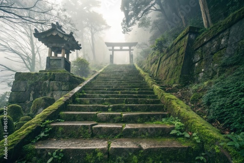 Mossy stone staircase leading to a torii gate in misty forest