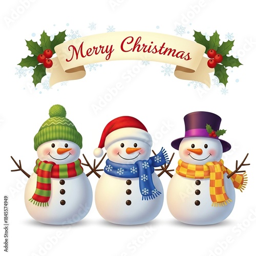 Festive Snowmen with Colorful Scarves and Hats in Christmas Setting