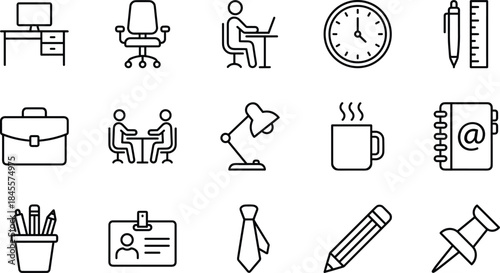 Office and Workplace Line Icons Vector Set Business Management Tools Employee Communication Desk Chair Stationary Symbols