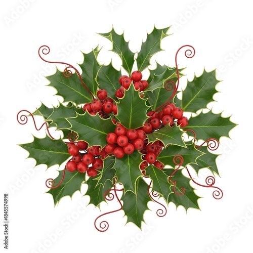 Holly Leaves with Red Berries and Decorative Twists for Christmas Seasonal Decor