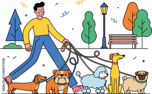 A flat vector illustration of a cheerful man walking five dogs of different breeds in a park setting. 