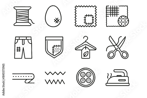 Wardrobe zigzag seam tool darning vector sustainable pocket trousers fabric thread icons