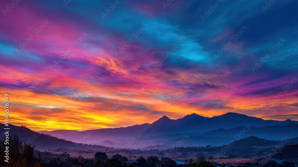 Fototapeta premium Celestial Canvas: Witness a breathtaking, vibrantly painted sunrise over a serene mountain range, a masterpiece of nature's artistry. The sky is ablaze with hues of pink, orange, purple, and blue.