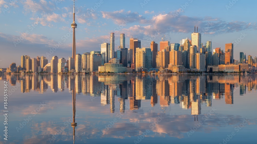 Naklejka premium Toronto Skyline Reflects on Lake During Dawn With Soft Light Casting Shadows Over Tall Buildings