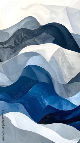 An abstract image featuring flowing waves of blue, white, and grey color gradients