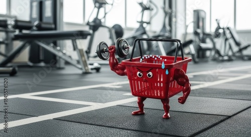 Animated red shopping basket with muscular arms lifts a dumbbell in a gym setting