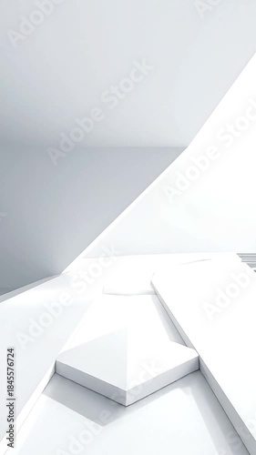 Modern architectural interior with a futuristic design, featuring abstract geometric white shapes