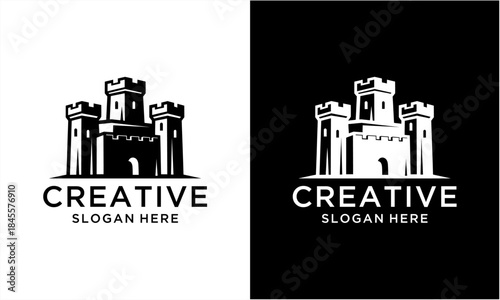 Monochromatic Castle Fortress Logo Design with Creative Slogan.