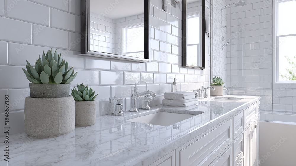 Fototapeta premium A stylish and contemporary bathroom featuring a countertop, two mirrors, and potted plants