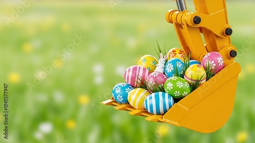 Excavator bucket holding colorful Easter eggs in grassy field  