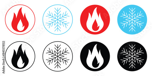 Fire and cold icon set. Heat and freeze concept vector illustration website graphic design. Fire and snowflake sign warm temperature symbol design. Heating and cooling button icons.