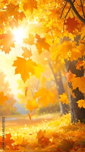 A vibrant autumnal scene shows golden leaves falling, illuminated by bright sunlight through trees
