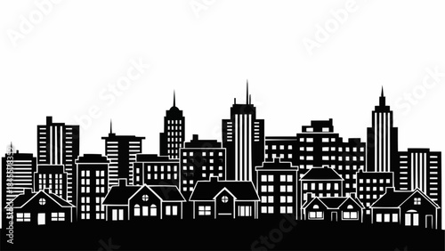 Black and White Silhouette of Cityscape with Houses and Skyscrapers.