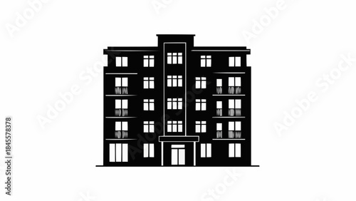Modern Apartment Building Facade Black and White Illustration.