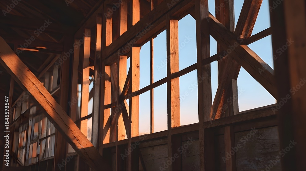 Obraz premium Interior view of a wooden building skeleton under construction with beams and framing illuminated by warm golden light at dawn