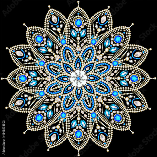 Mandala brooch jewelry, design element.  Geometric vintage ornamental background.