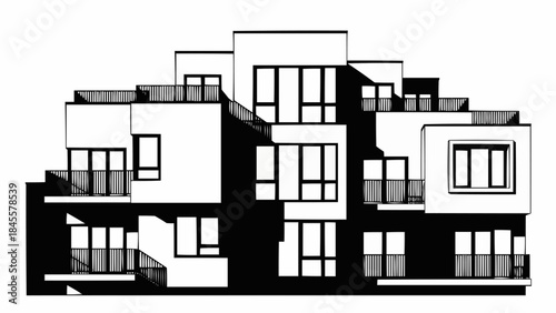 Modern Apartment Building Facade with Geometric Design.