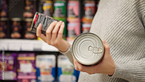 Woman choosing and comparing canned wet pet food in a store aisle, responsible pet owner making careful selection for pet care and well-being.