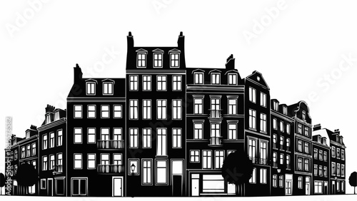 Row of Historic Buildings Facade Silhouette Black and White.