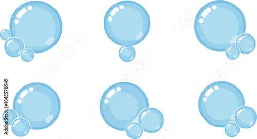 Collection of shiny, transparent blue water bubbles or soap bubbles in various cluster arrangements, symbolizing cleanliness, freshness, air, light, effervescence,