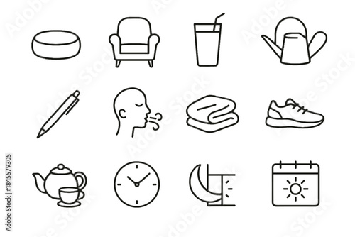 Meditation icons cushion glass reading vector rest pen set icon mindful breath