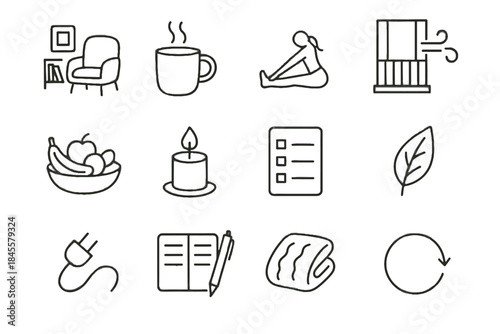 Morning vector collection journal simple cozy snack icon fruit symbol mindful stretch