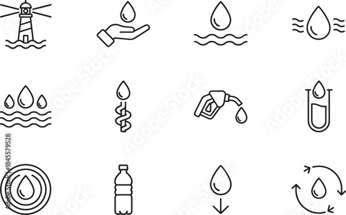 Essential vector line icons illustrating water conservation, ecology, liquid science, petrol fuel, renewable resources, marine navigation, and hydration for environmental and industrial concepts.